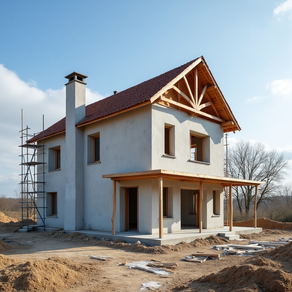 Casă construită din BCA în mediul rural românesc, pereți gri vizibili, fără tencuială finisată, în faza de construcție