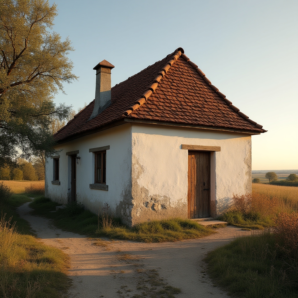 Casă tradițională românească din mediul rural cu pereți din chirpici, vedere exterioară