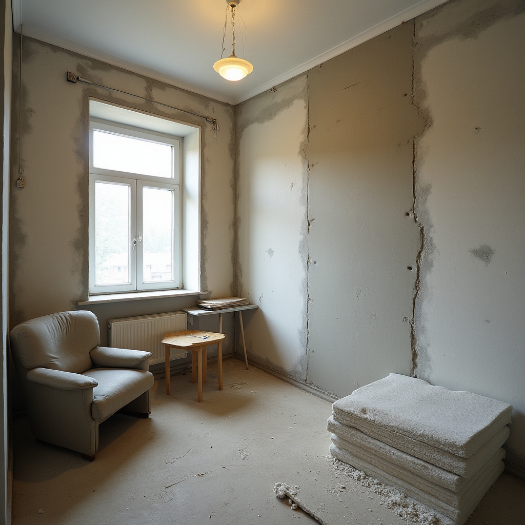 Interior garsonieră în bloc vechi cu perete exterior pregătit pentru izolație termică interioară, structura vizibilă