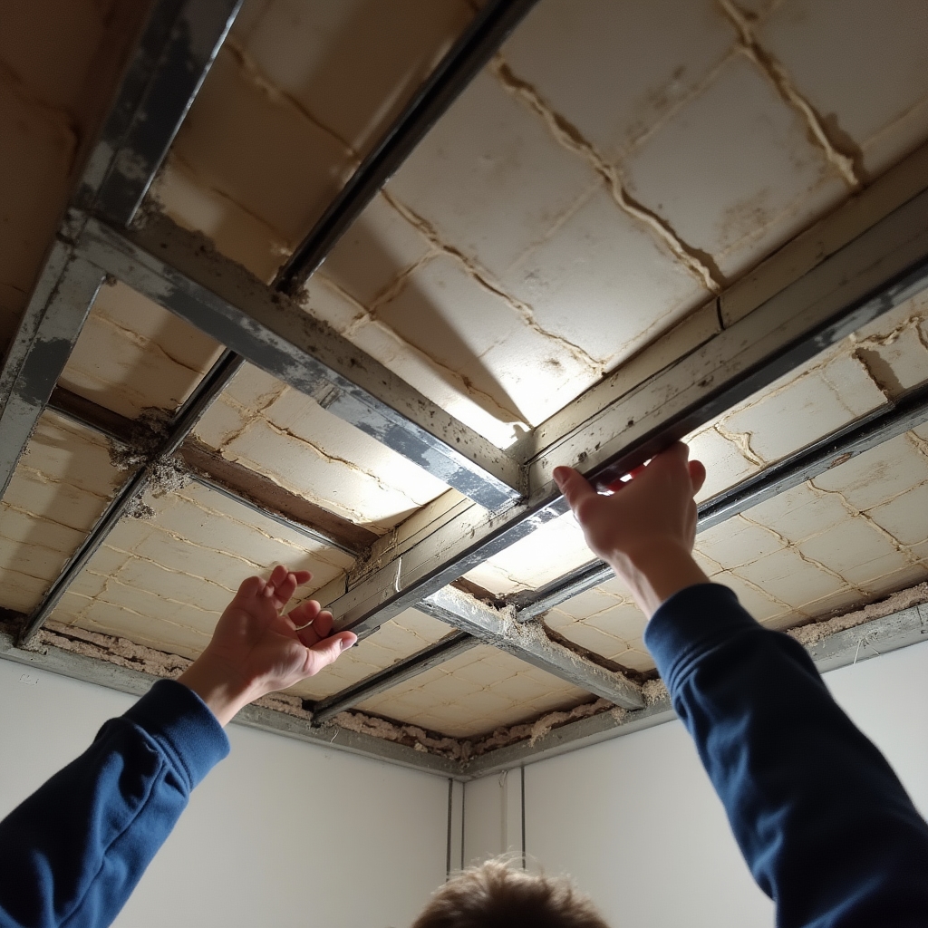 Interior garsonieră la ultimul etaj cu plafon fals termoizolant în curs de montaj, structură metalică vizibilă