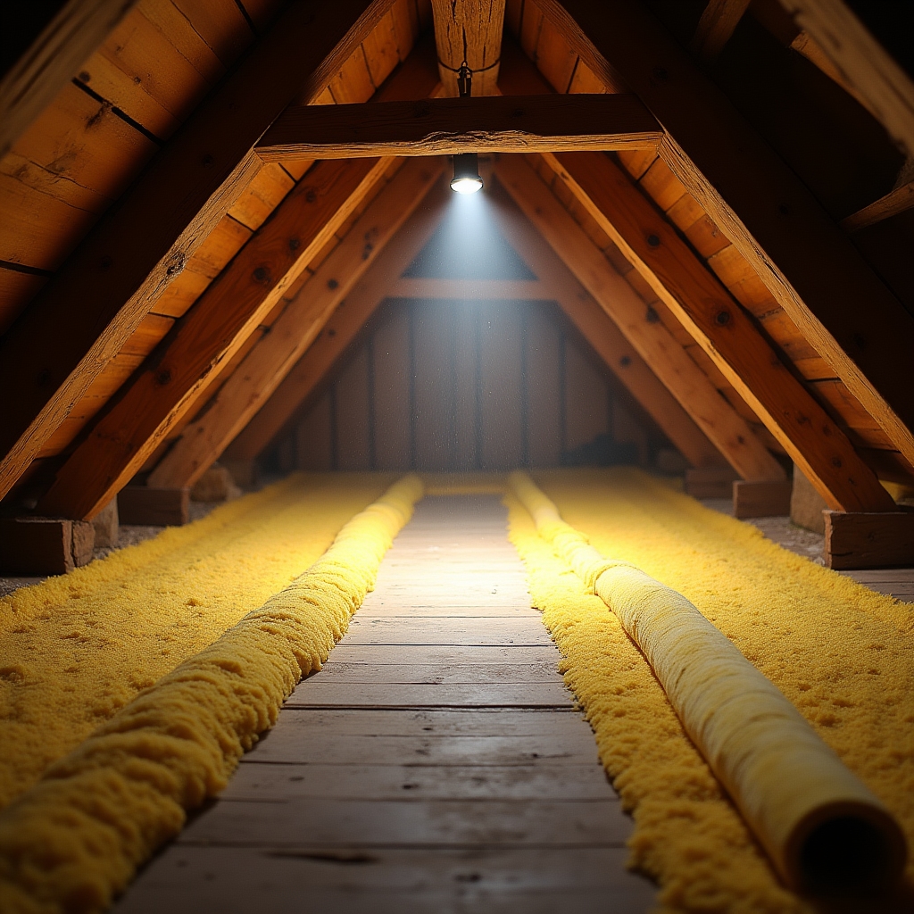 Interior pod casă rurală cu izolație din vată minerală aplicată pe planșeu, grinzi lemn vizibile