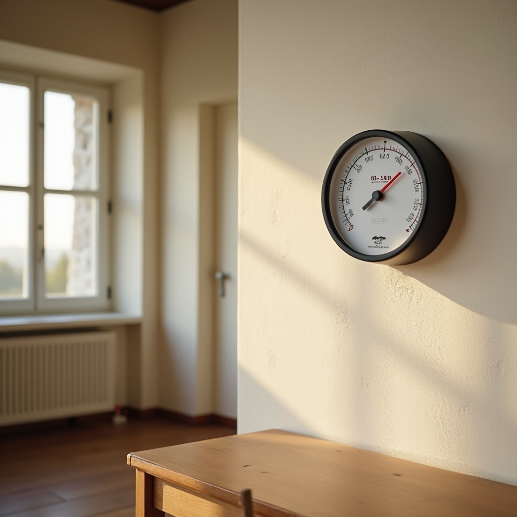 Interior cameră casă izolată cu higrometru pe perete indicând umiditate relativă, fereastră cu ventilație controlată